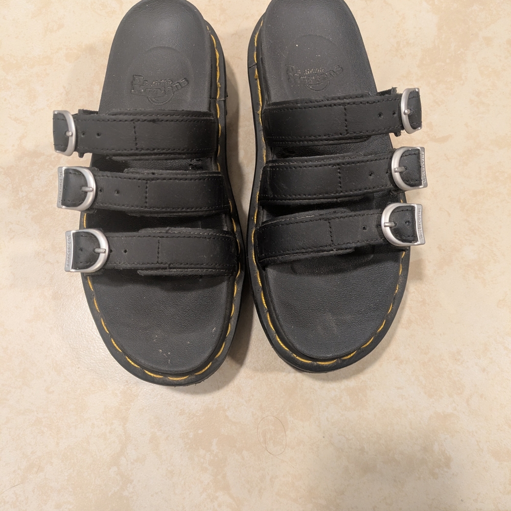 Dr. Martens Black Triple Strap Sandals with Yellow Stitching
